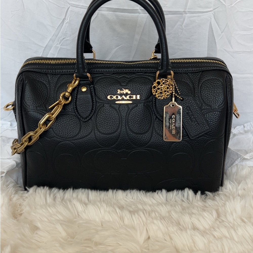 COACH Black Embossed Leather Satchel with Gold Hardware and coach charms